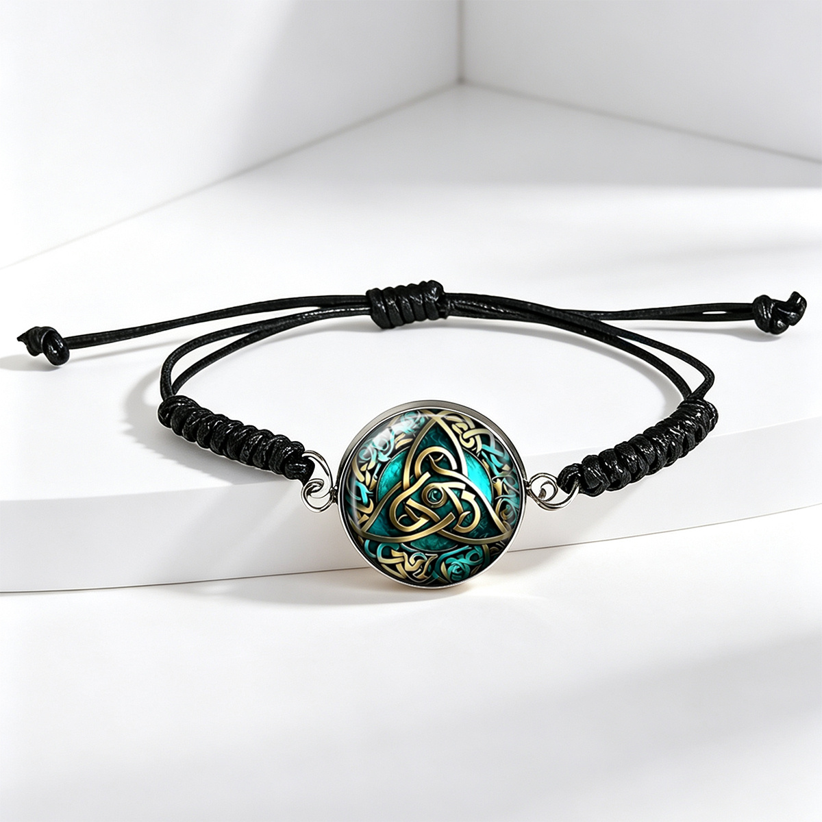 Teal Celtic Knot Pattern Artistic Round Glass Bracelet